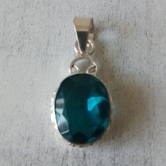Sterling Silver Pendant Faceted Fx Blue Topaz Quartz Glass - Picture 7 of 13